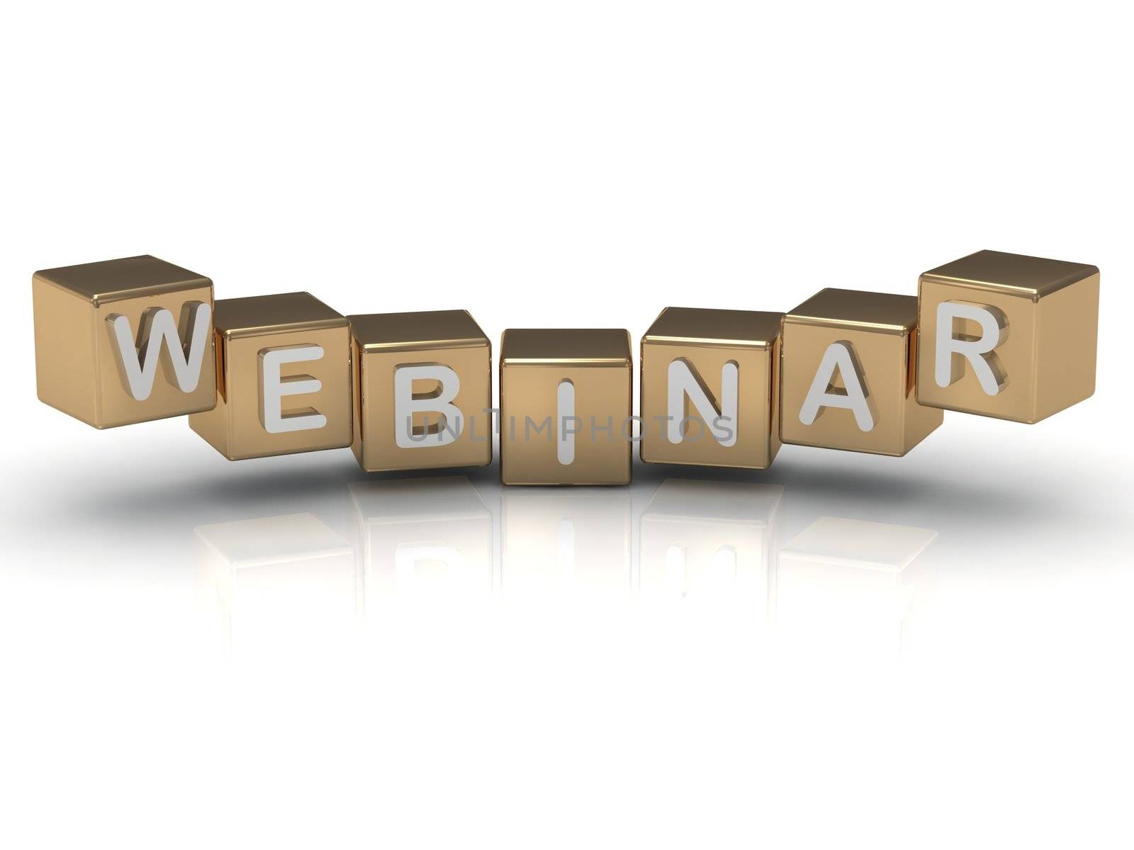 Beautiful inscription Webinar in white letters on the gold cubes. 3d render illustration
