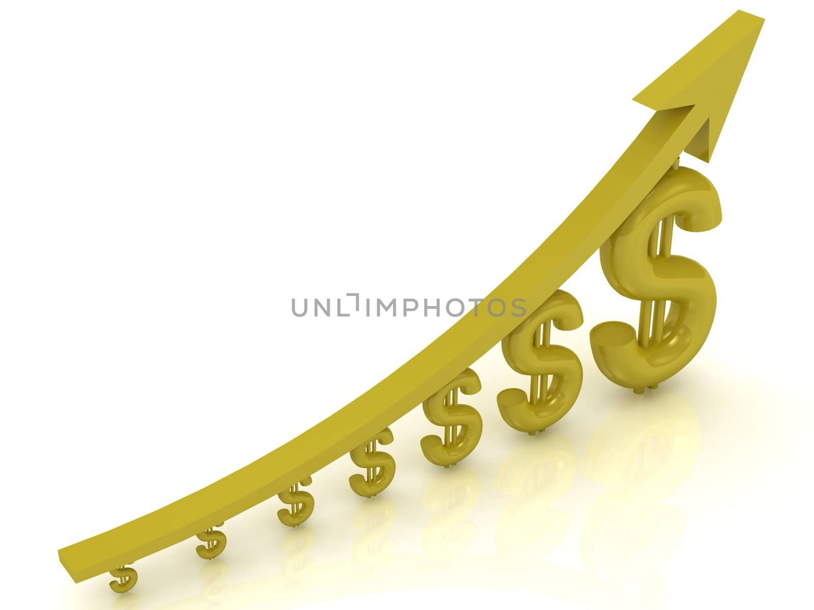 Illustration of the growth of the dollar with a gold arrow on white background