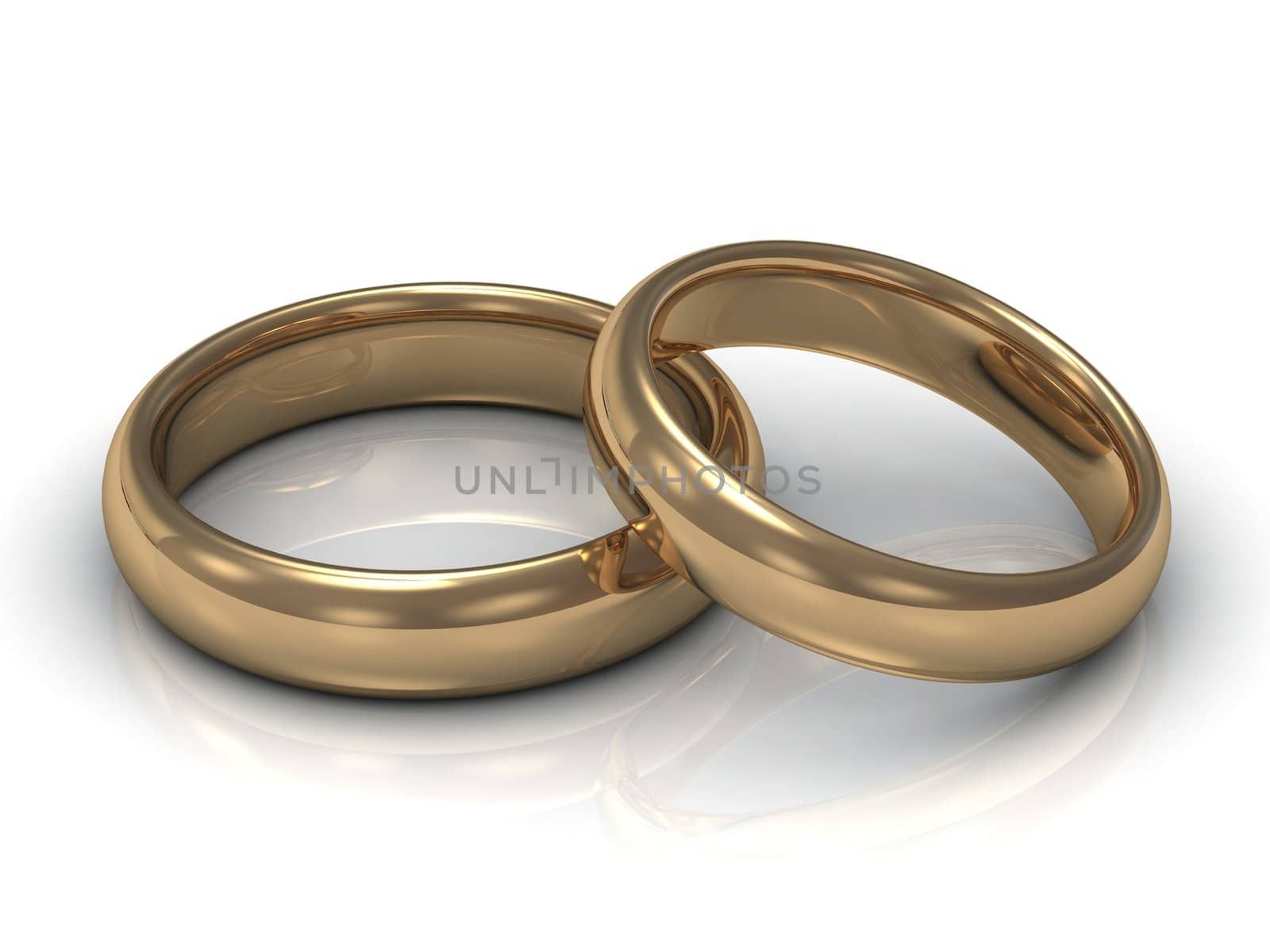 Wedding rings: one ring lies on the other on a white background