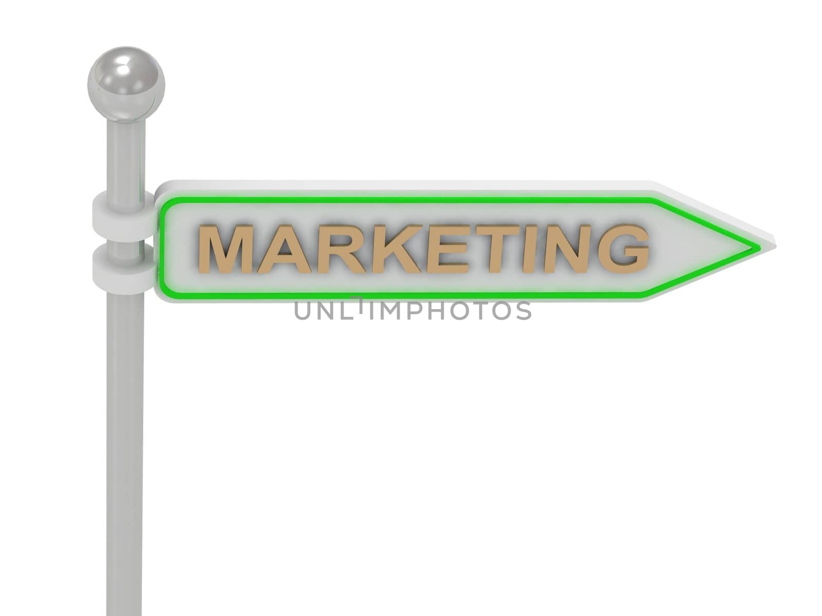 3d rendering of sign with gold "MARKETING", Isolated on white background