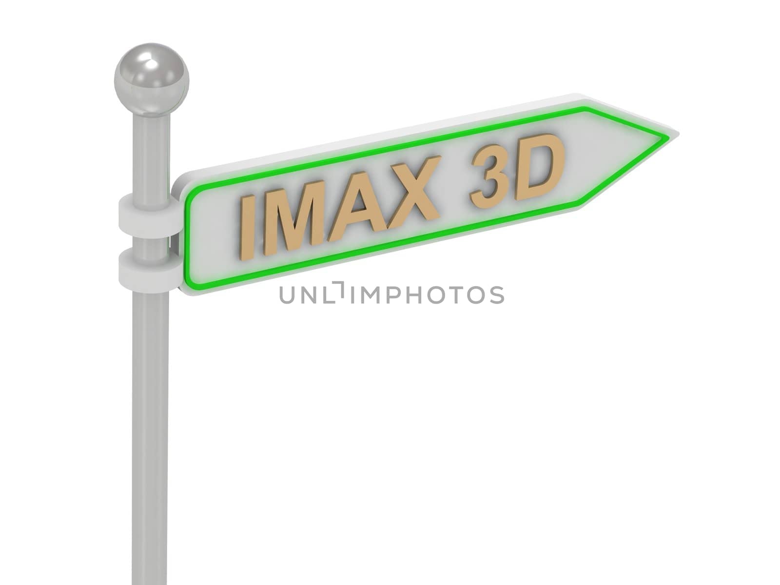 3d rendering of sign with gold "IMAX 3D", Isolated on white background
