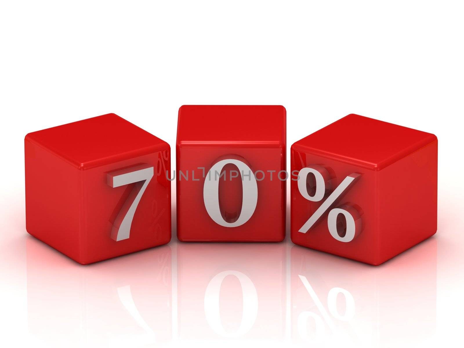 Percent Discount 70% on red cubes isolated on white background