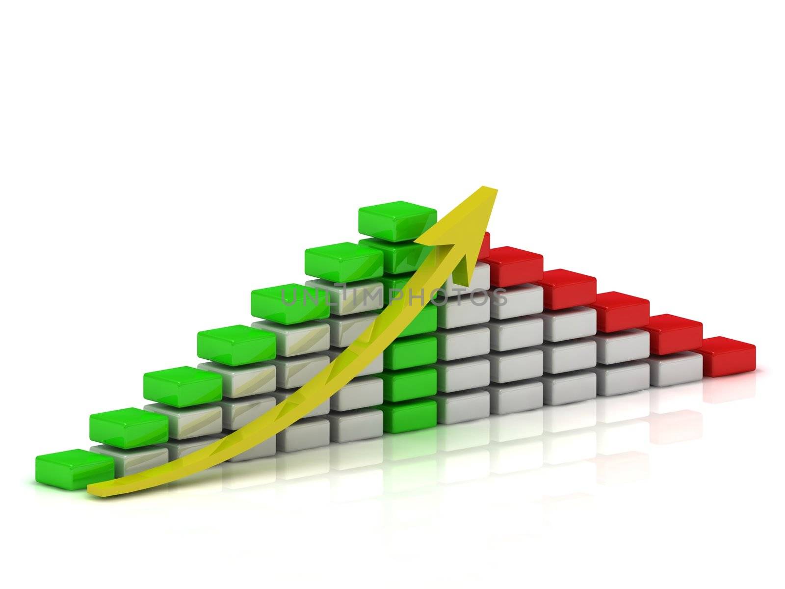Business growth chart of the white, red and green blocks with a yellow arrow