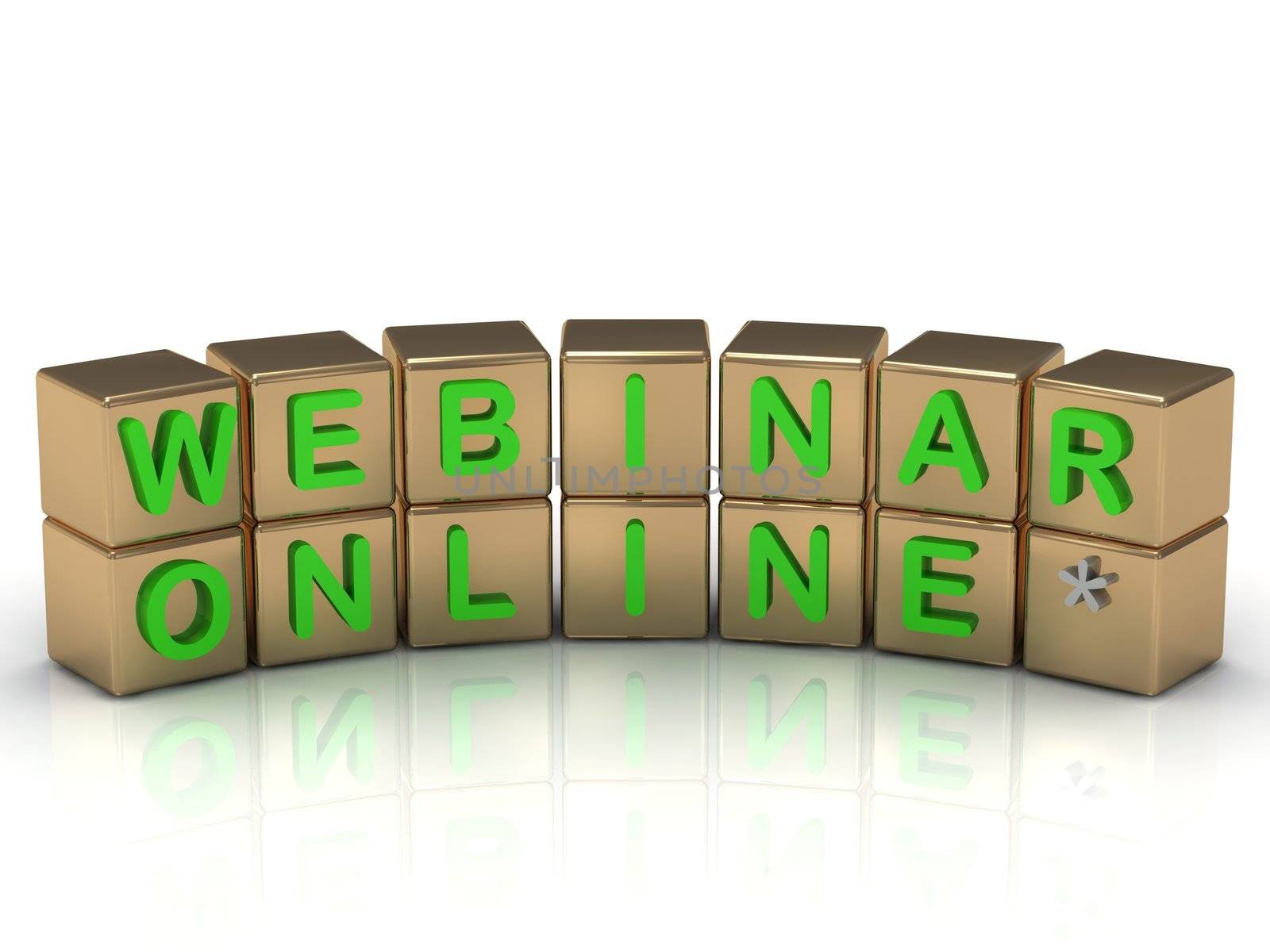 Inscription on the gold cubes of green: webinar online on a white background