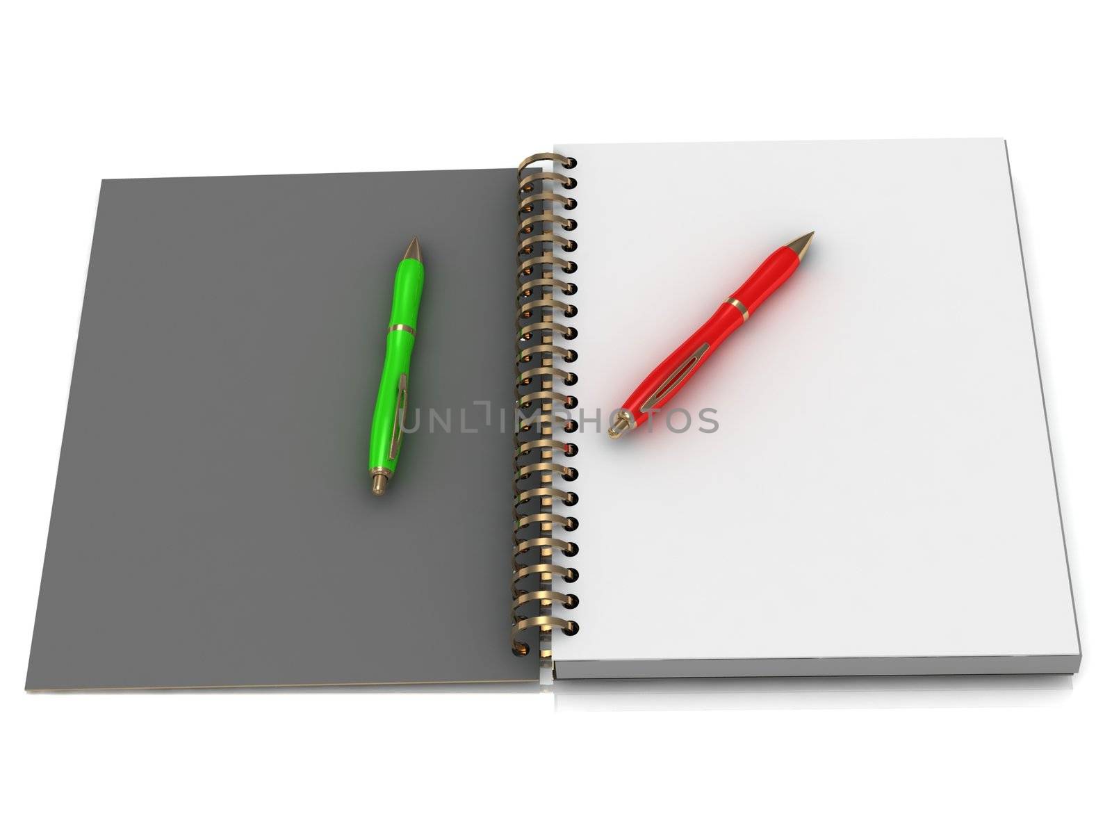 Notebook with spiral and two pen on a white background