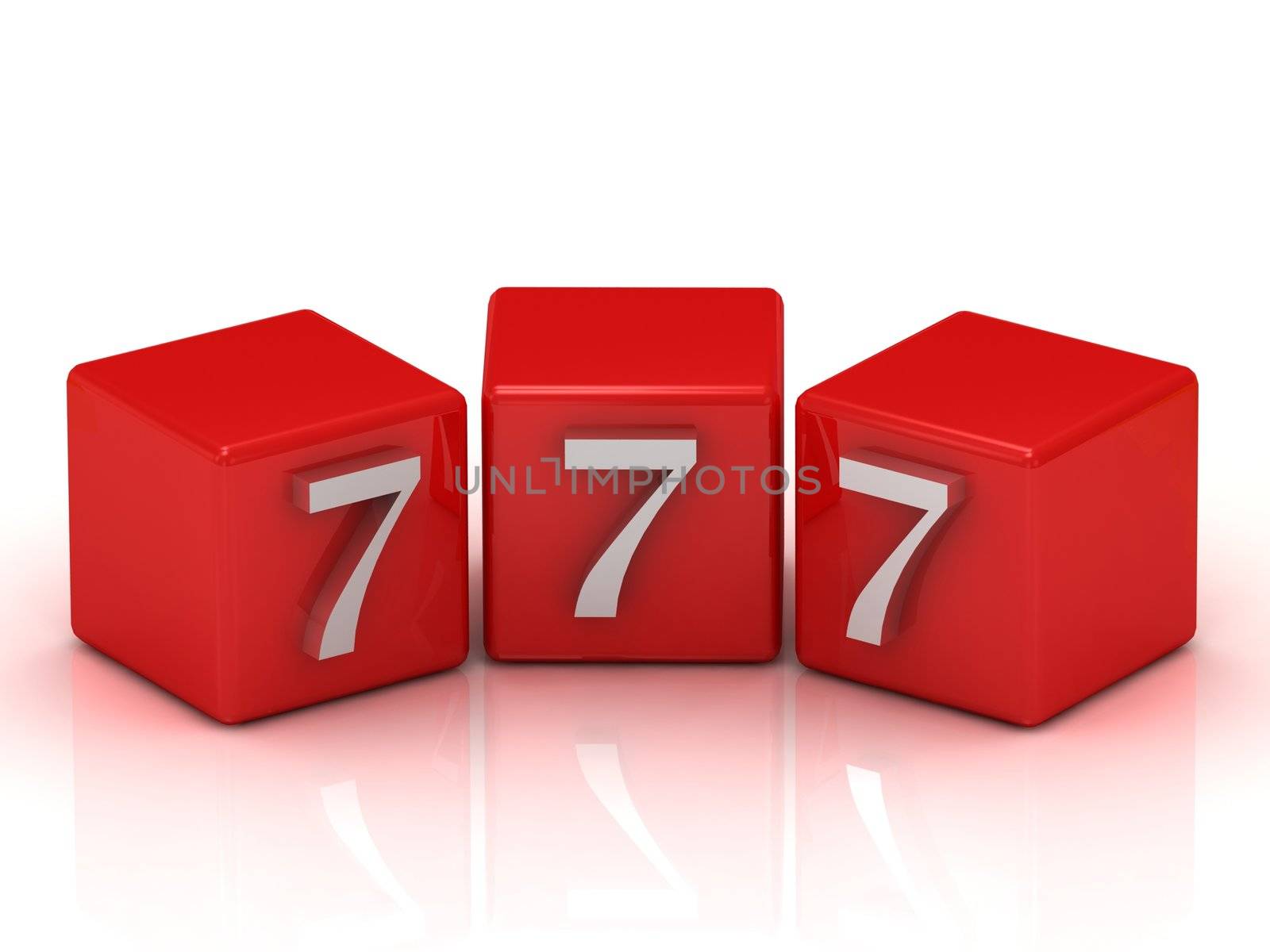 777 number on the red cubes isolated on white background