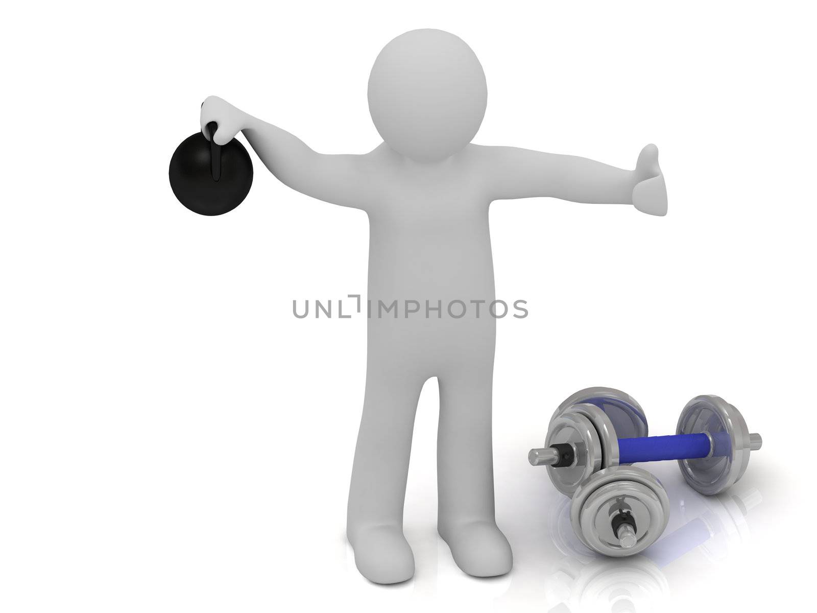 3d man holds up a heavy weight on a white background