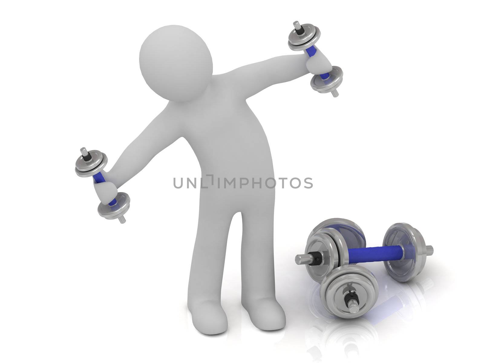 3d man with dumbbells does exercise leaning sideways. Beside him lay a heavy dumbbell