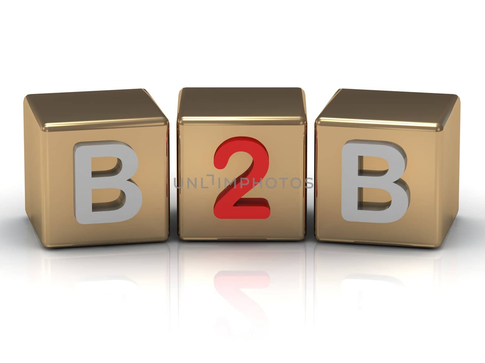 3d render B2B Business to Business symbol on gold cubes on white background