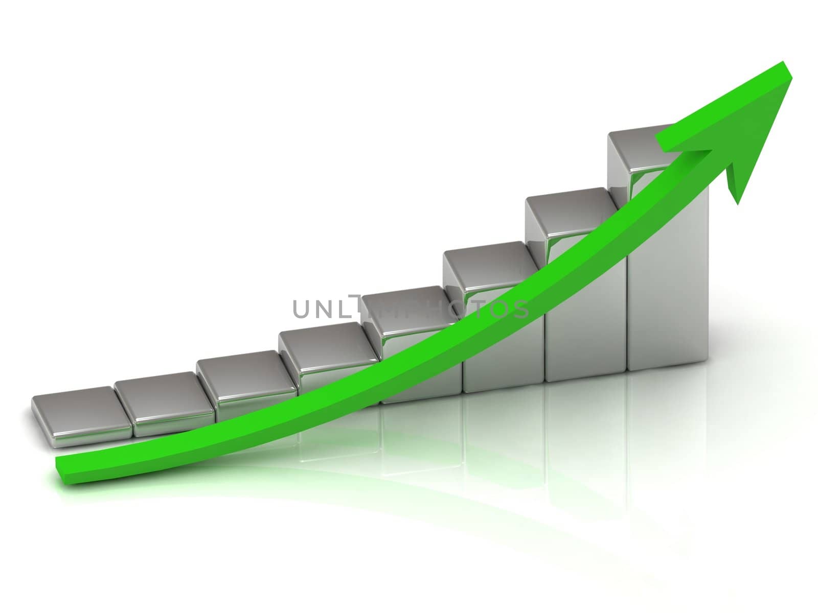 Business growth of silver bars and green arrow