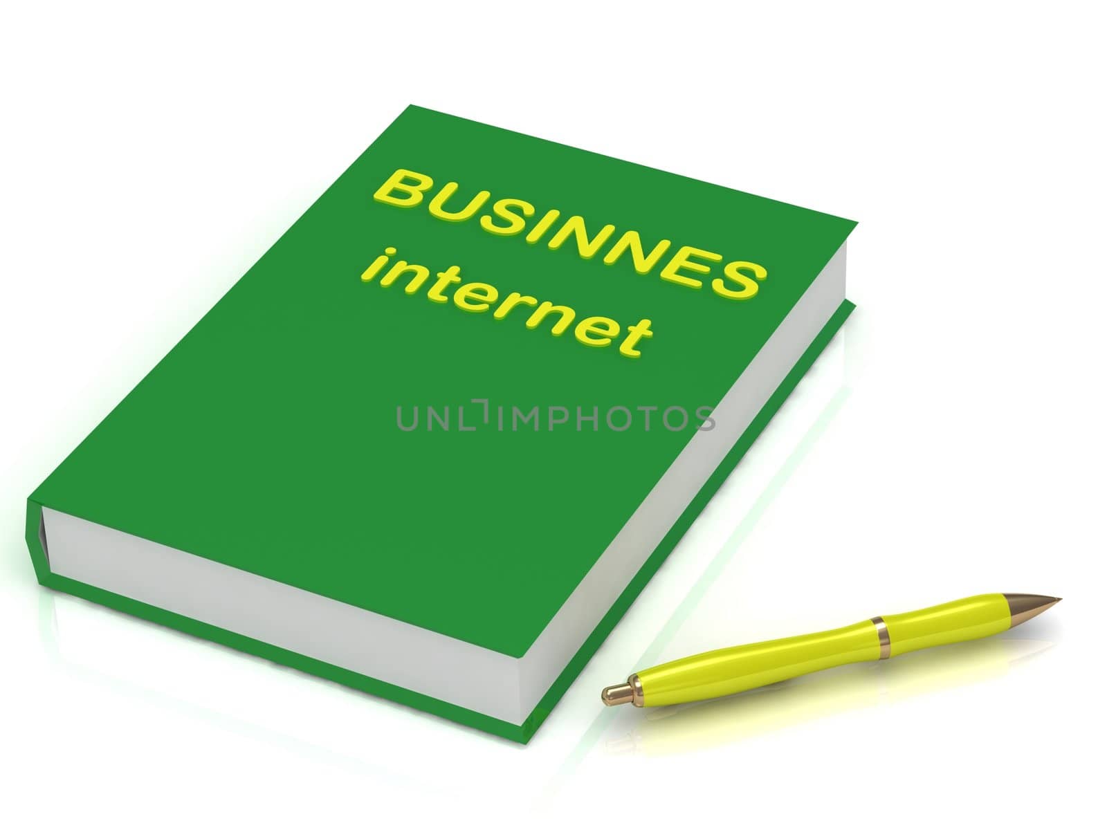 Green book of business on the Internet and pen next to the book over white background