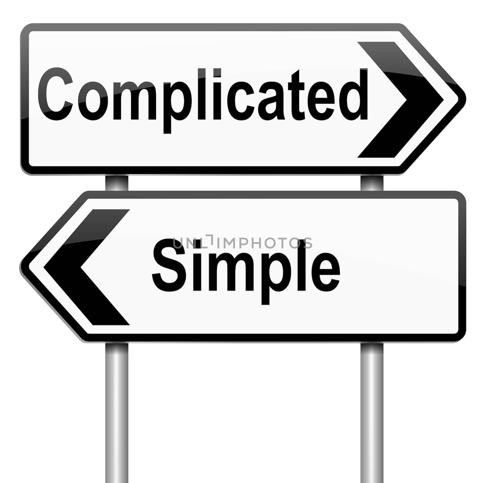 Illustration depicting a roadsign with a complicated or simple concept. White background.