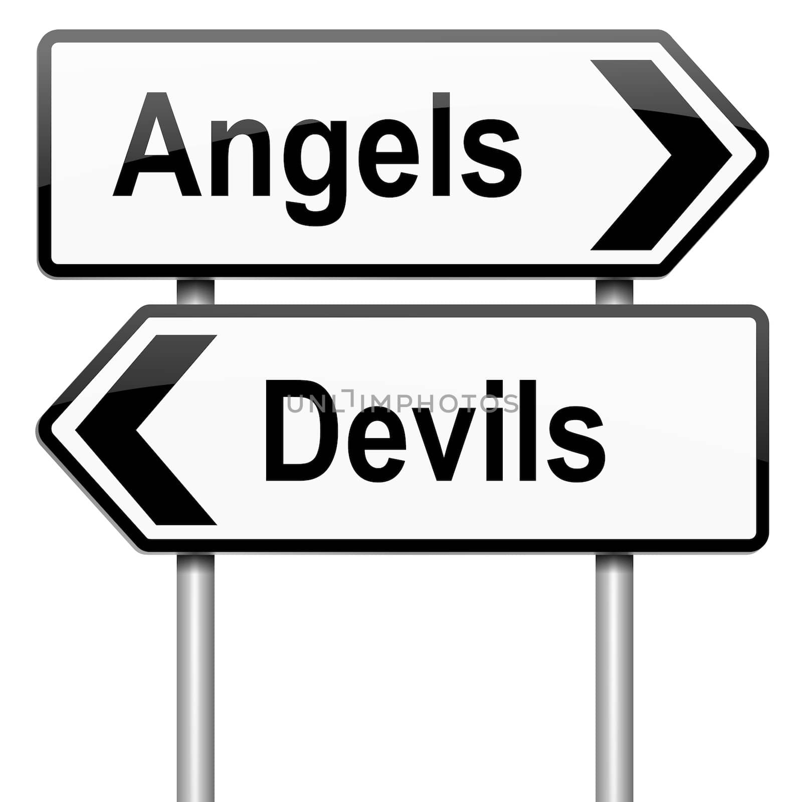 Illustration depicting a roadsign with an angel or devil concept. White background.