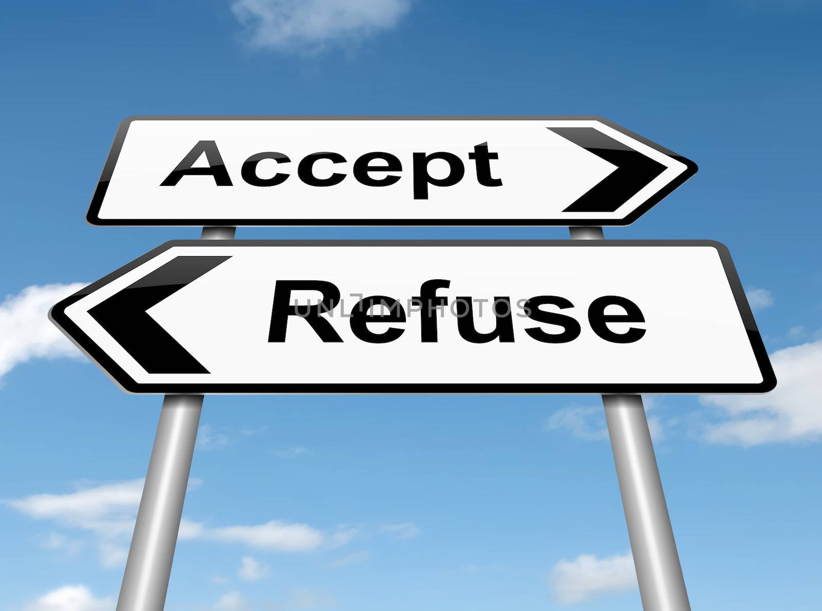 Illustration depicting a roadsign with an accept or refuse concept. Blue sky background.