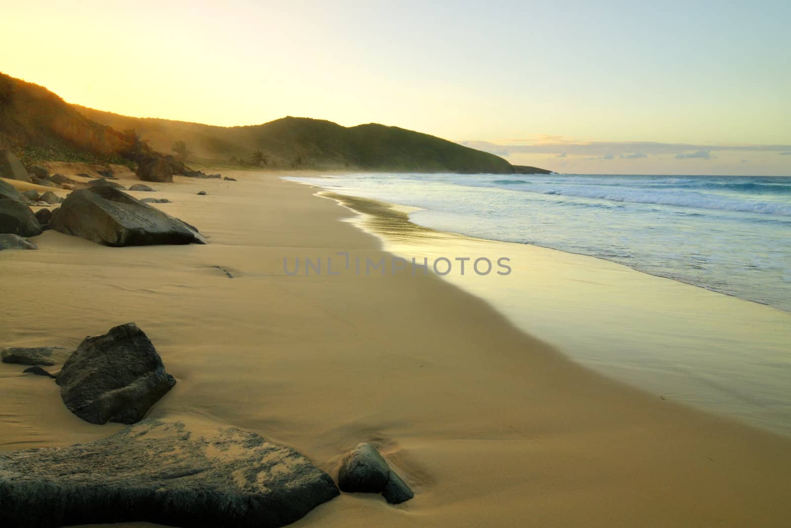 Beautiful sandy Resaca Beach at sunset on the island of Isla Culebra, Puerto Rico