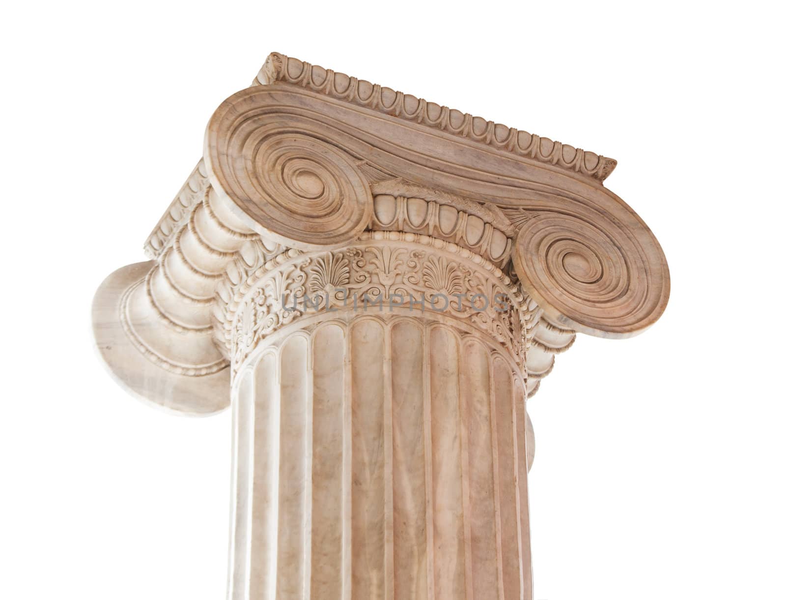 Closeup of capital (volute and abacus) of a nineteenth century neoclassical ionic column isolated on white. This column is located in the porch of the Archaeological Museum of Athens, Greece.