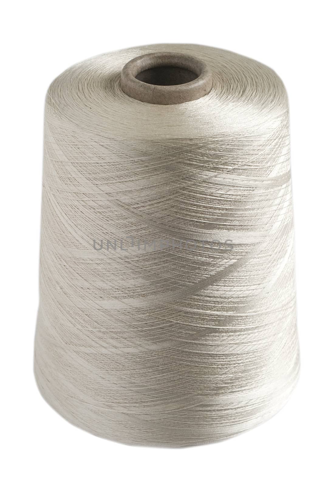 Fine white silk yarn rolled on coil isolated on white background