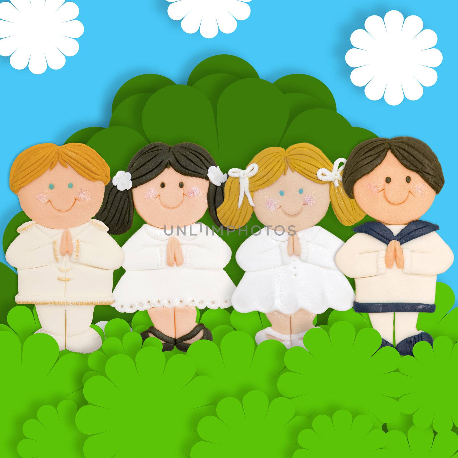 Adorable card first communion, praying group of children