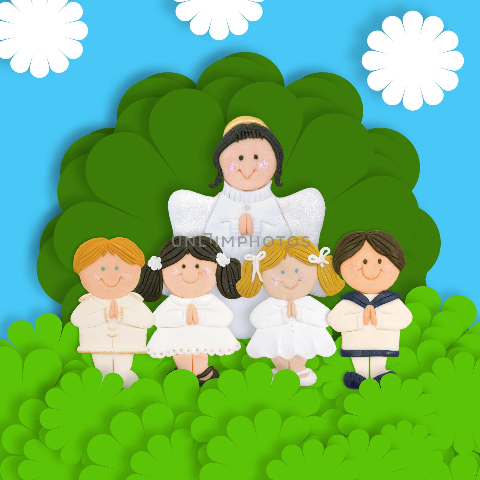first communion four children and Angel in the meadow
