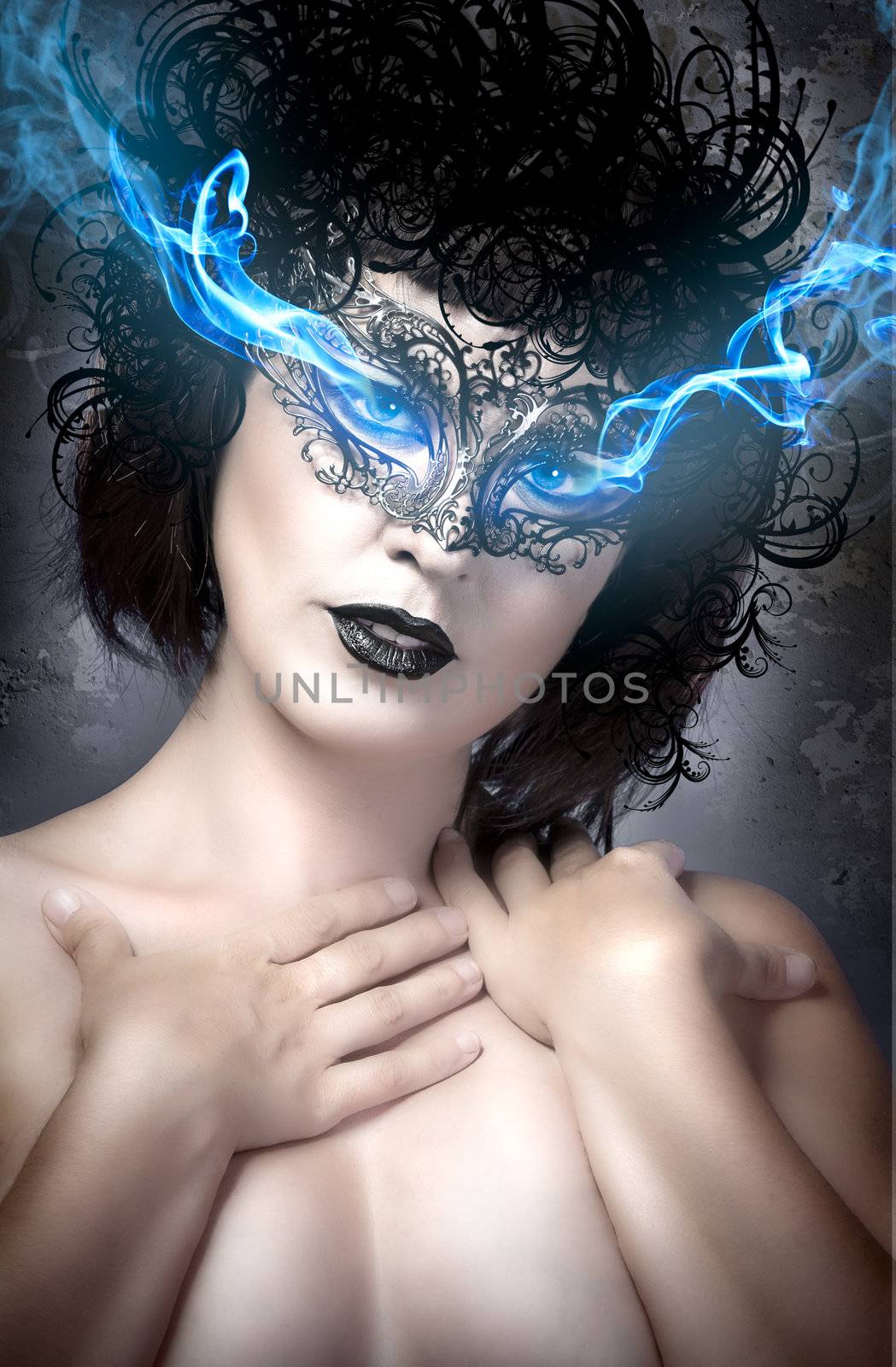 Woman with electric eyes, blue gas coming out of the eyes