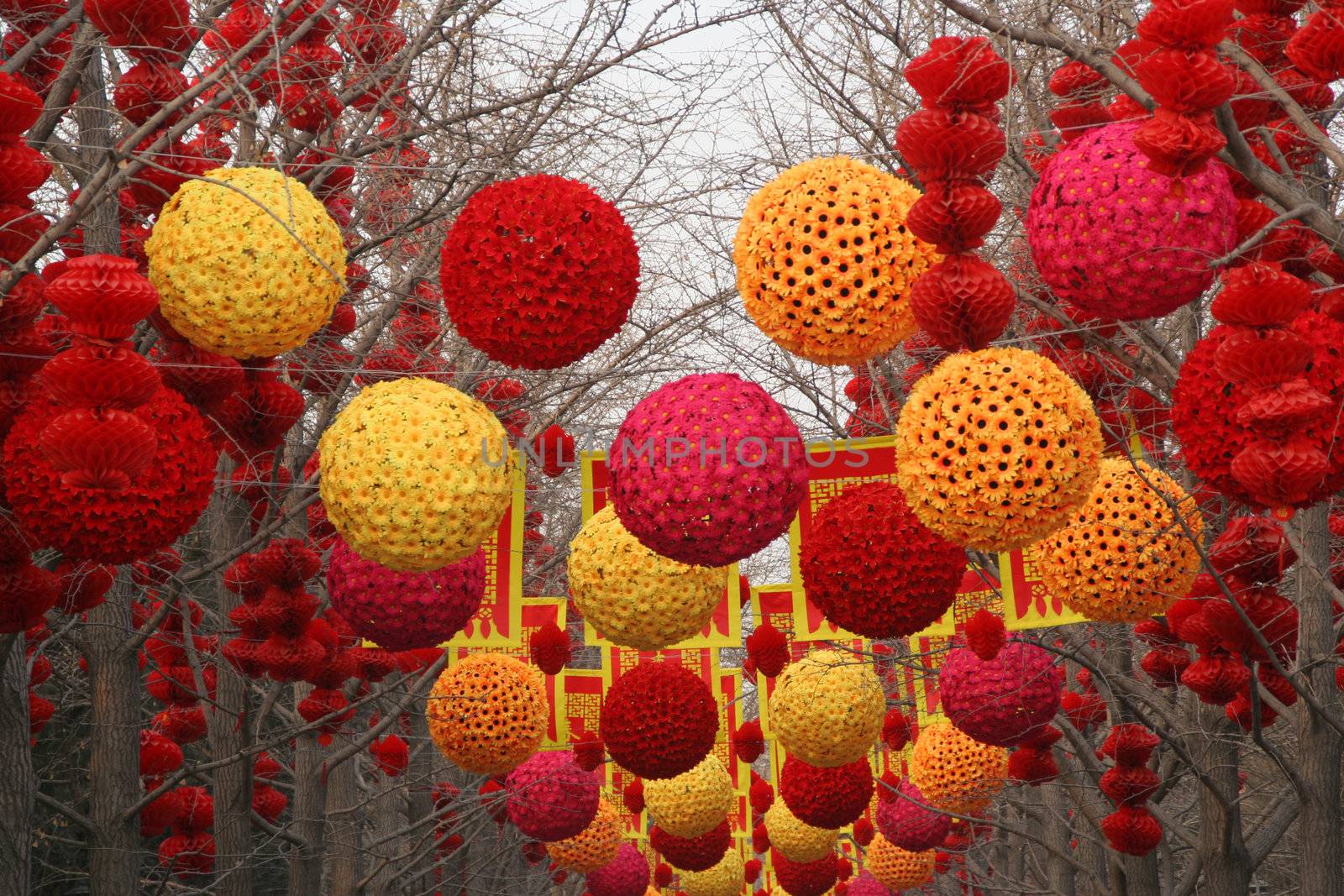 Chinese New Year Decorations, Ditan Park, Beijing, China.  During Lunar New Year, many parks and temples in China have large outdoor fairs, festivals.