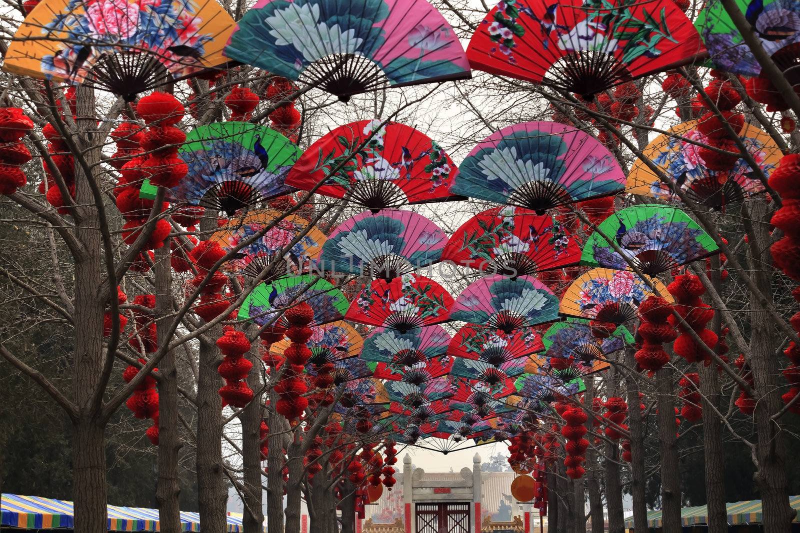 Paper Fans Lucky Red Lanterns Chinese Lunar New Year Decorations by bill_perry