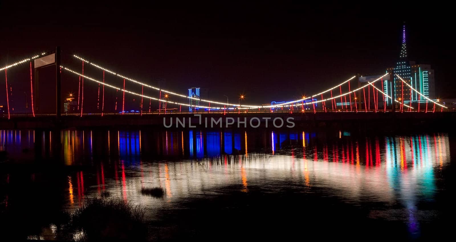 Jiangqun Bridge Crossing Hun River at Night Fushun City China by bill_perry