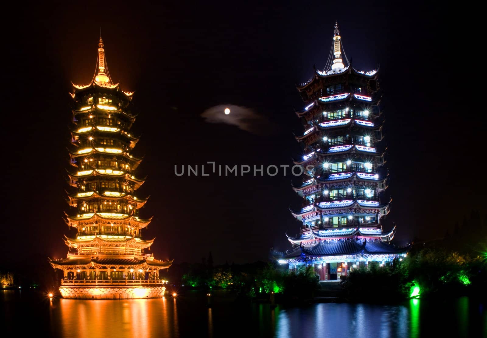 Silver and Gold Pagodas Guilin China with Moon by bill_perry