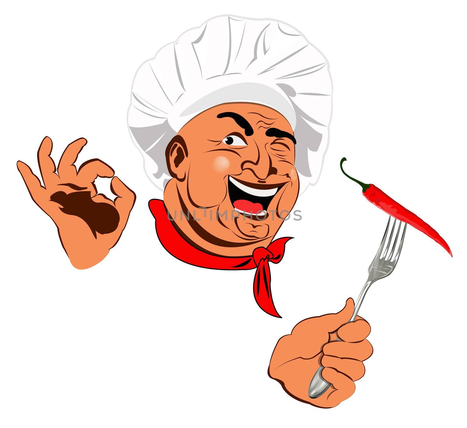 Funny Chef and Spicy burning red pepper chilli on a fork