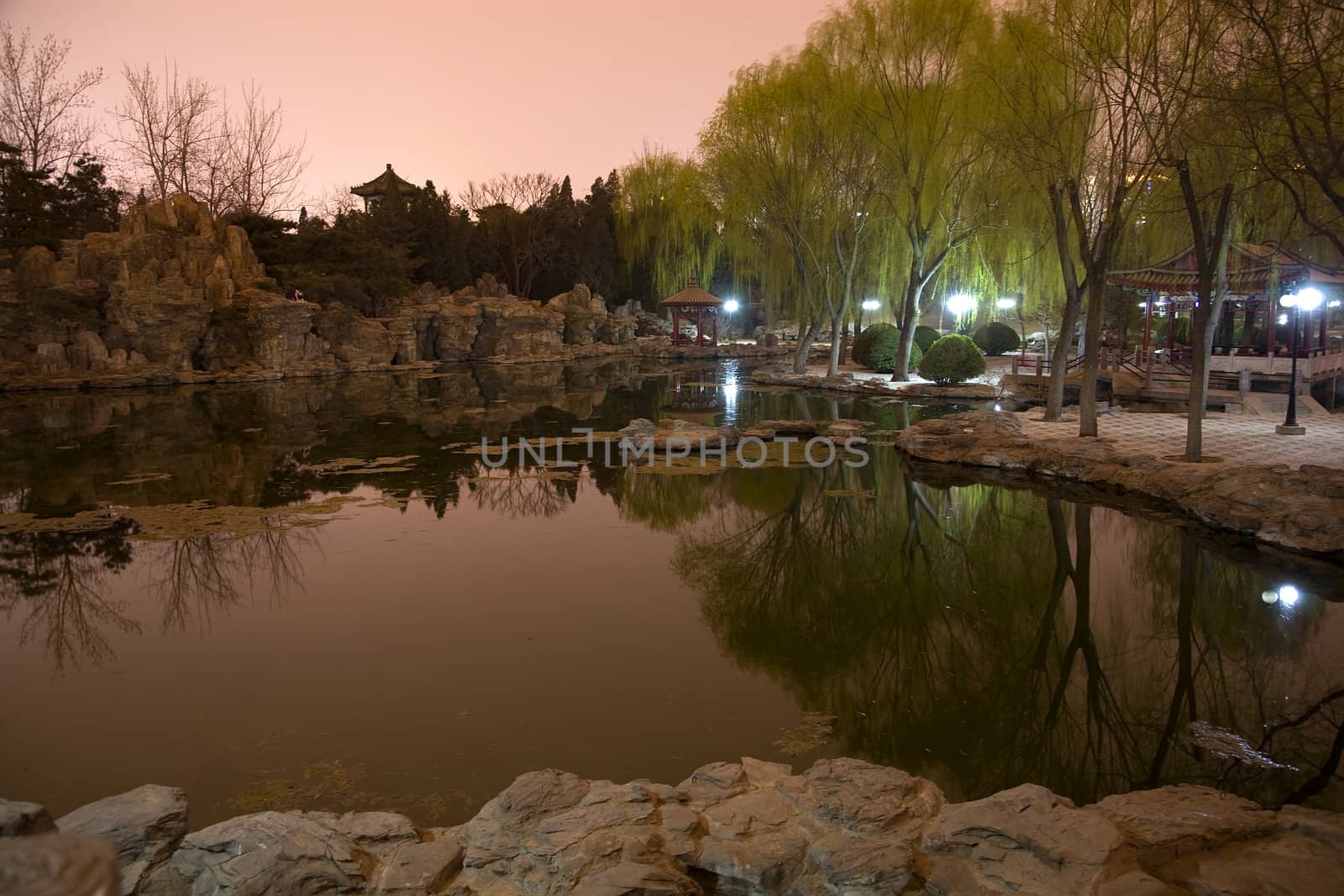 Temple of Sun Park, Pond Reflection, Evening, Night Shot, Beijing, China