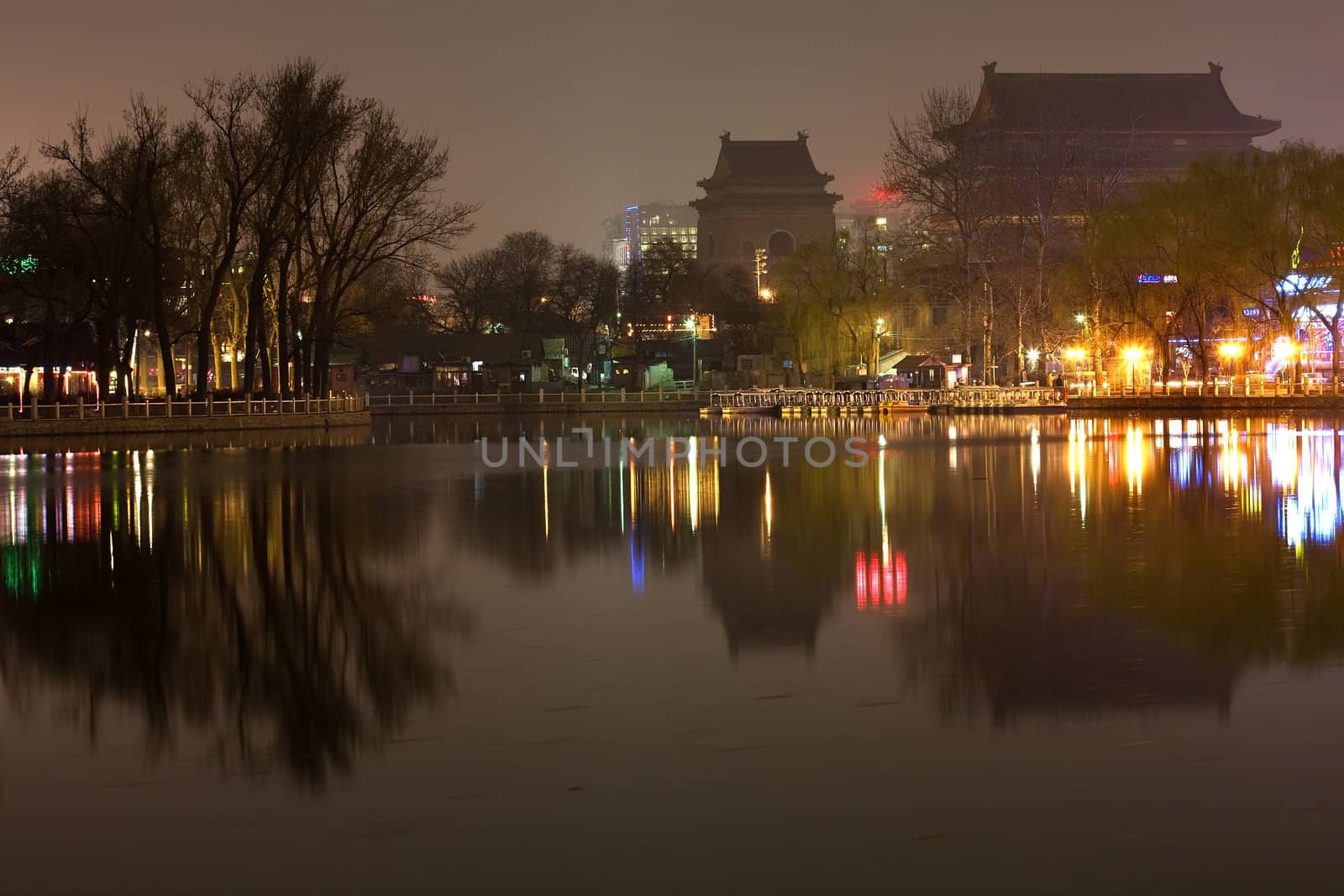 Houhai Lake at Night With Drum and Bell Tower Beijing, China Tra by bill_perry