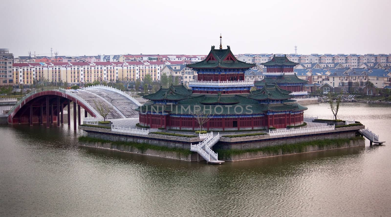 Ancient Temple Jinming Lake Apartment Buildings Kaifeng China by bill_perry