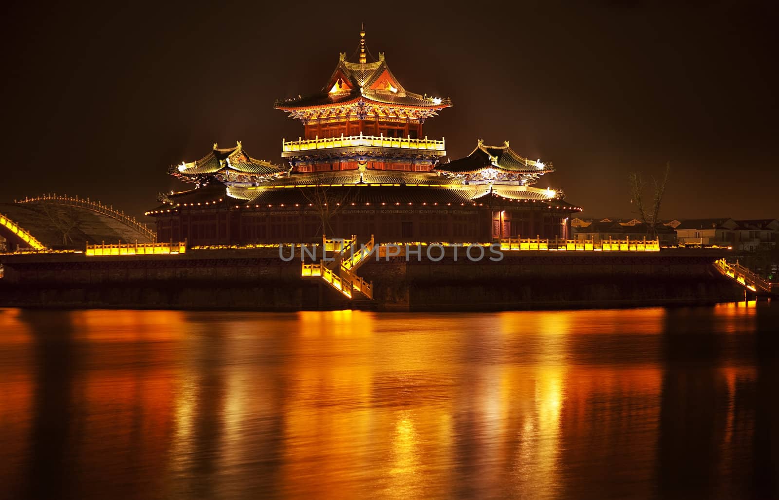 Ancient Temple Night Reflection Bridge Jinming Lake Kaifeng China  Kaifeng was the capital of the Song Dynasty, 1000 to 1100AD.