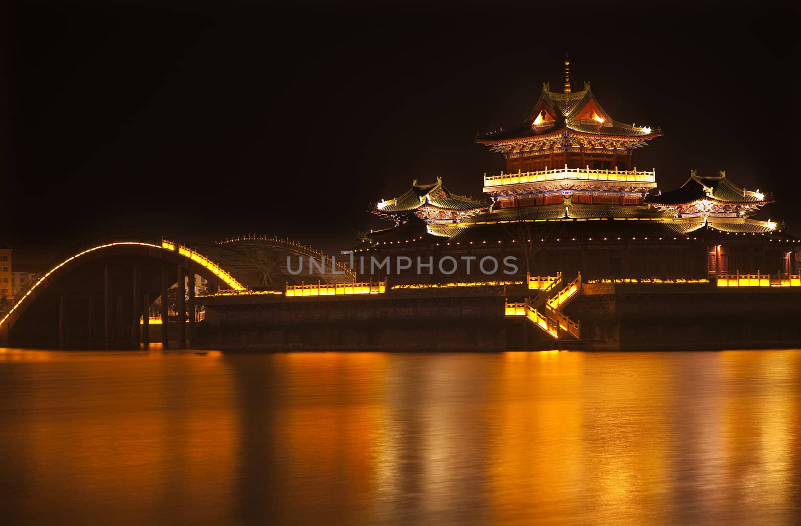 Ancient Temple Night Reflection Bridge Jinming Lake Kaifeng Chin by bill_perry