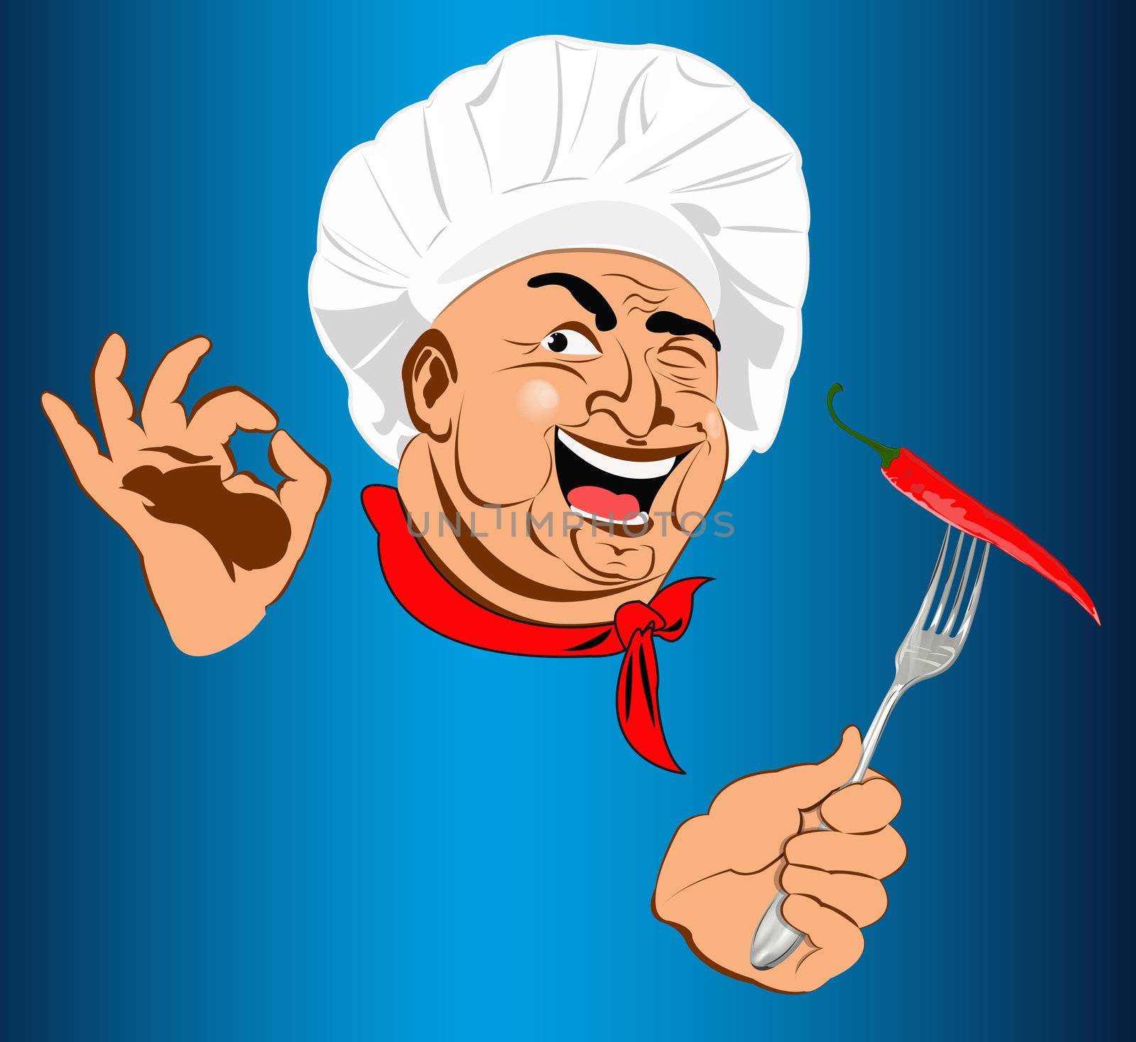 Funny Chef and Spicy burning red pepper chilli on a fork