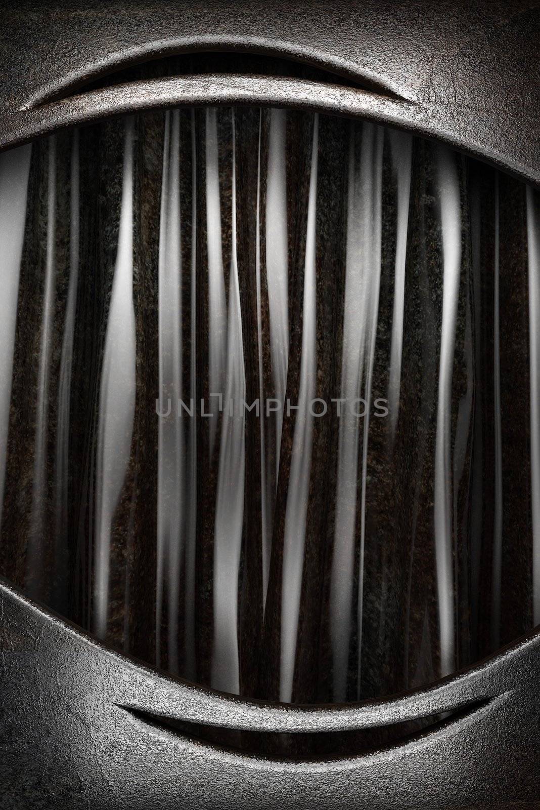 Metal on black silk curtain