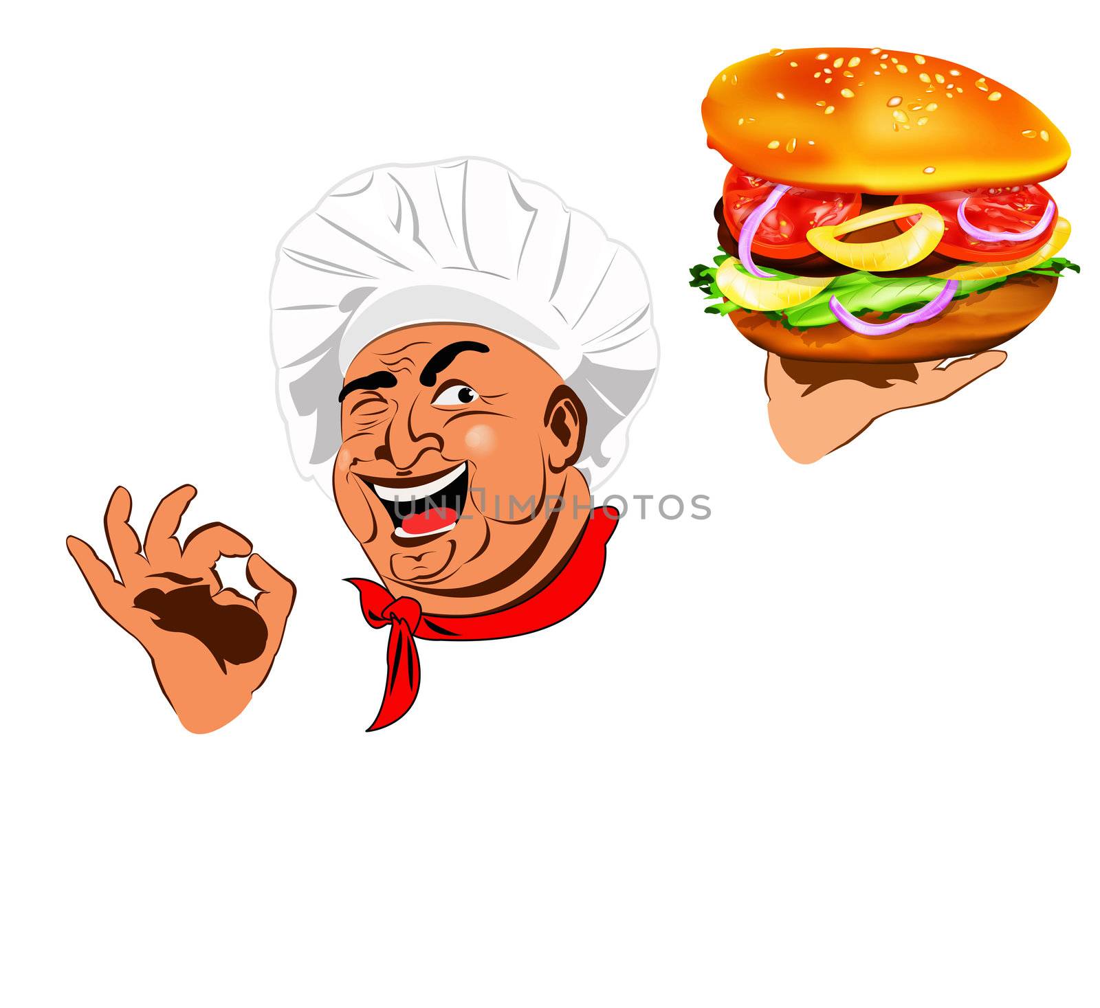 Funny Chef and traditional big hamburger