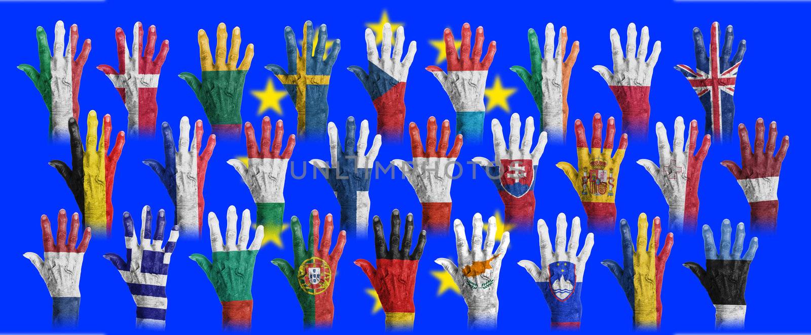 Hands with flag painting of the EU-coutries, isolated