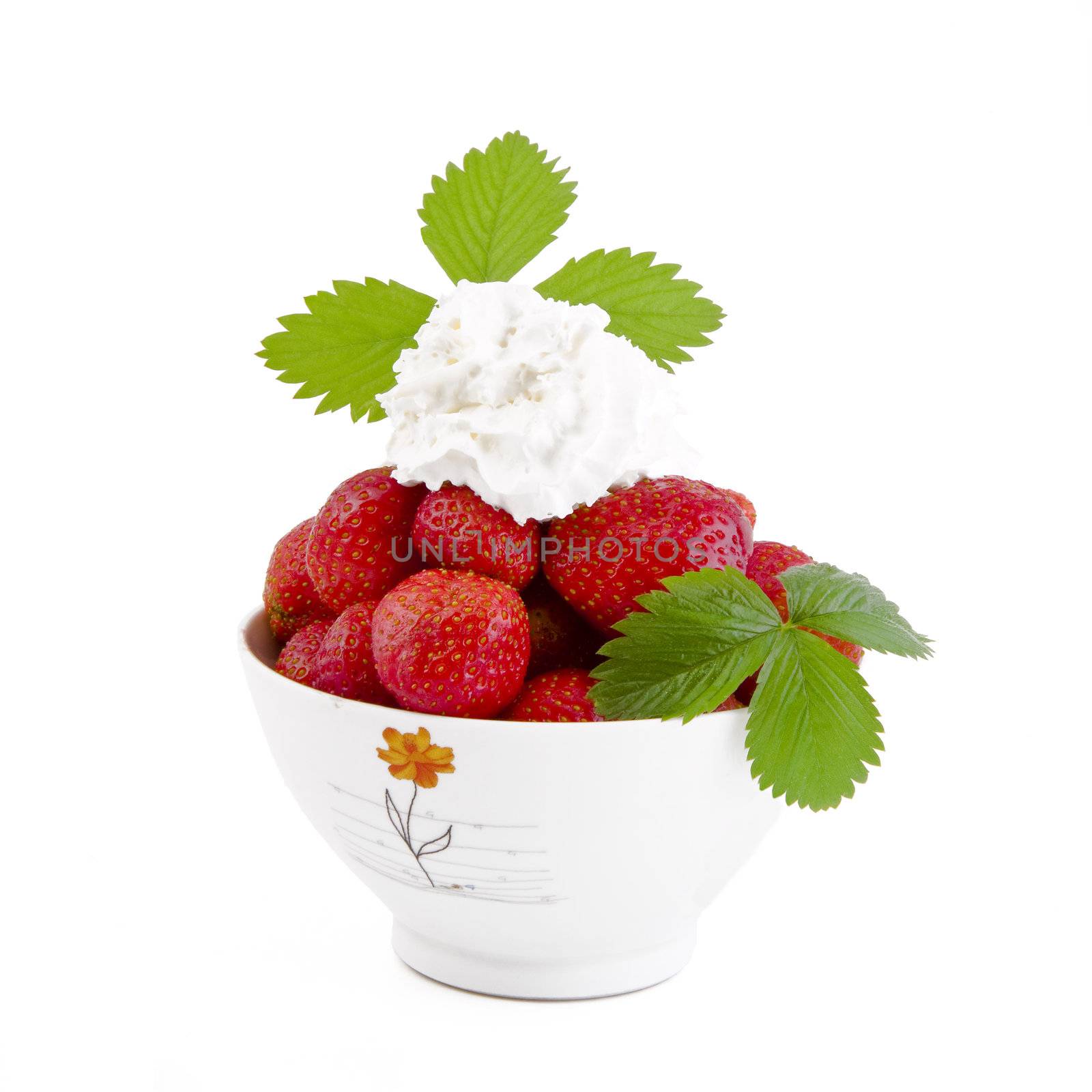 Strawberry dessert with whipped cream isolated on white