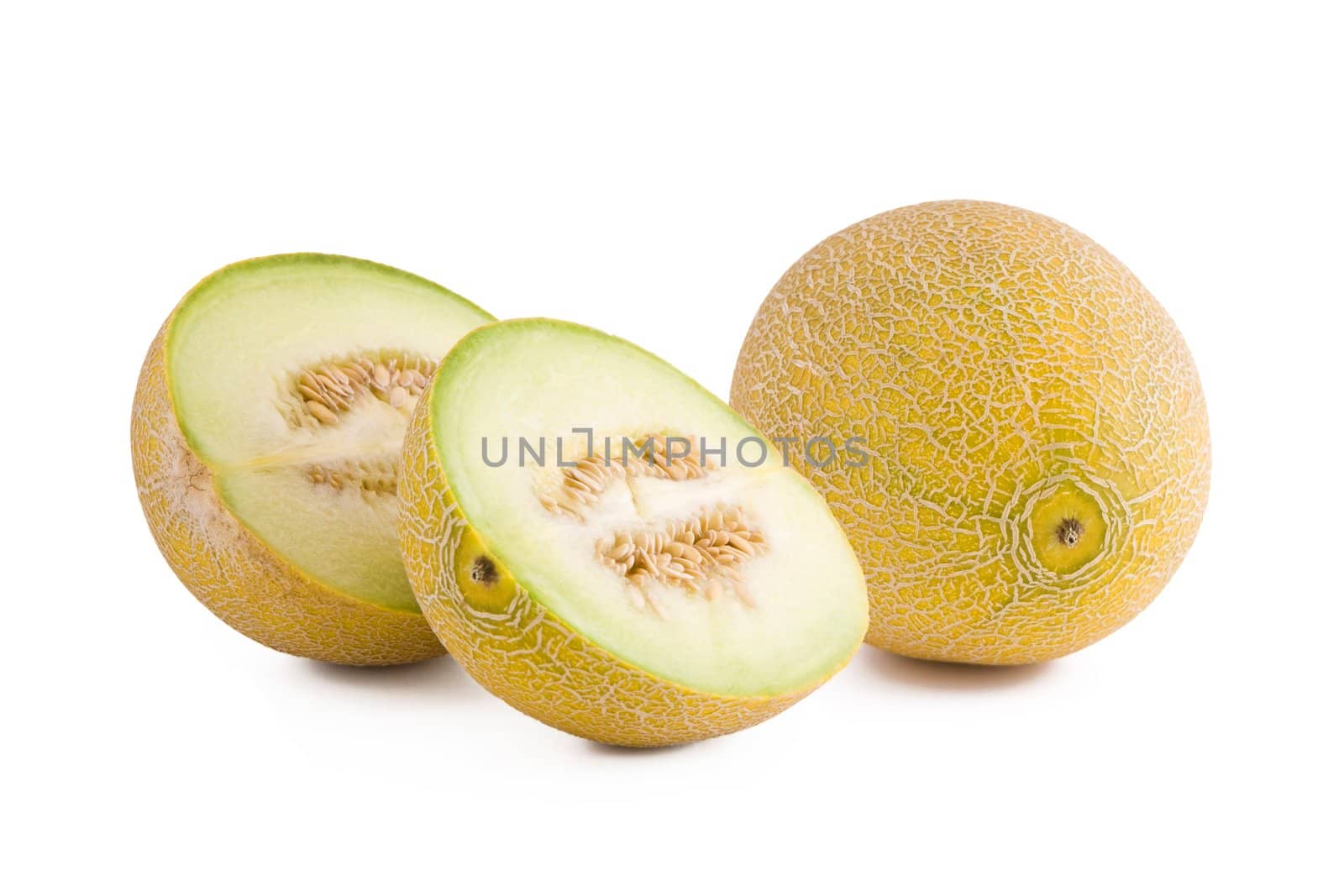 Fresh galia melon slices isolated on white background, fruits