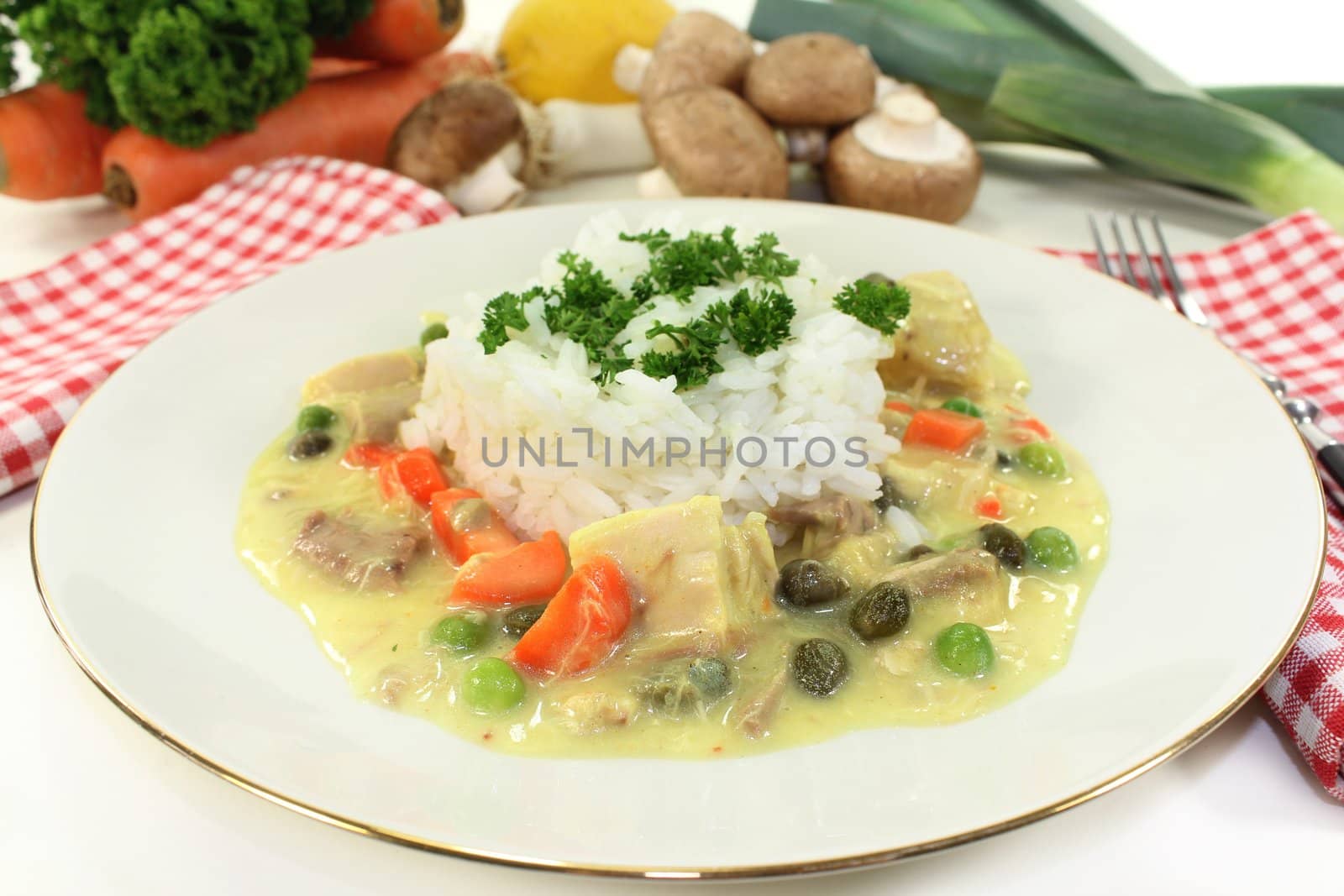 a plate with rice and colorful chicken fricassee