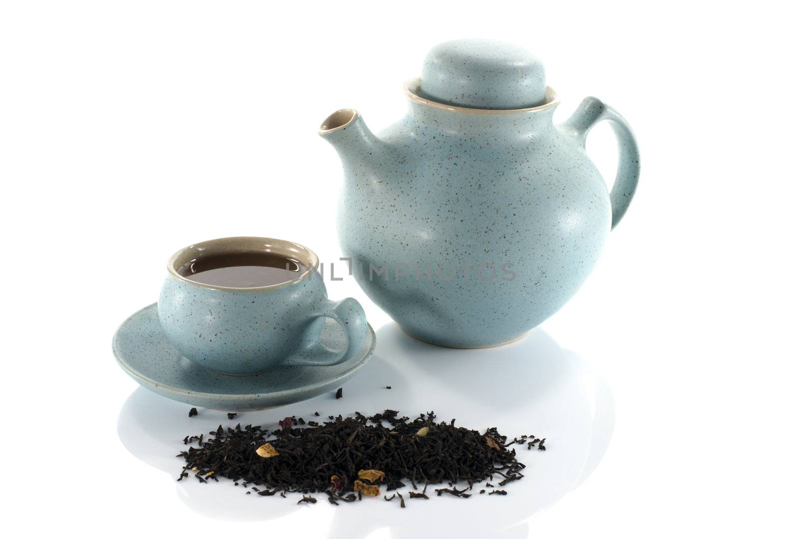 teacups tea and teapot on white background