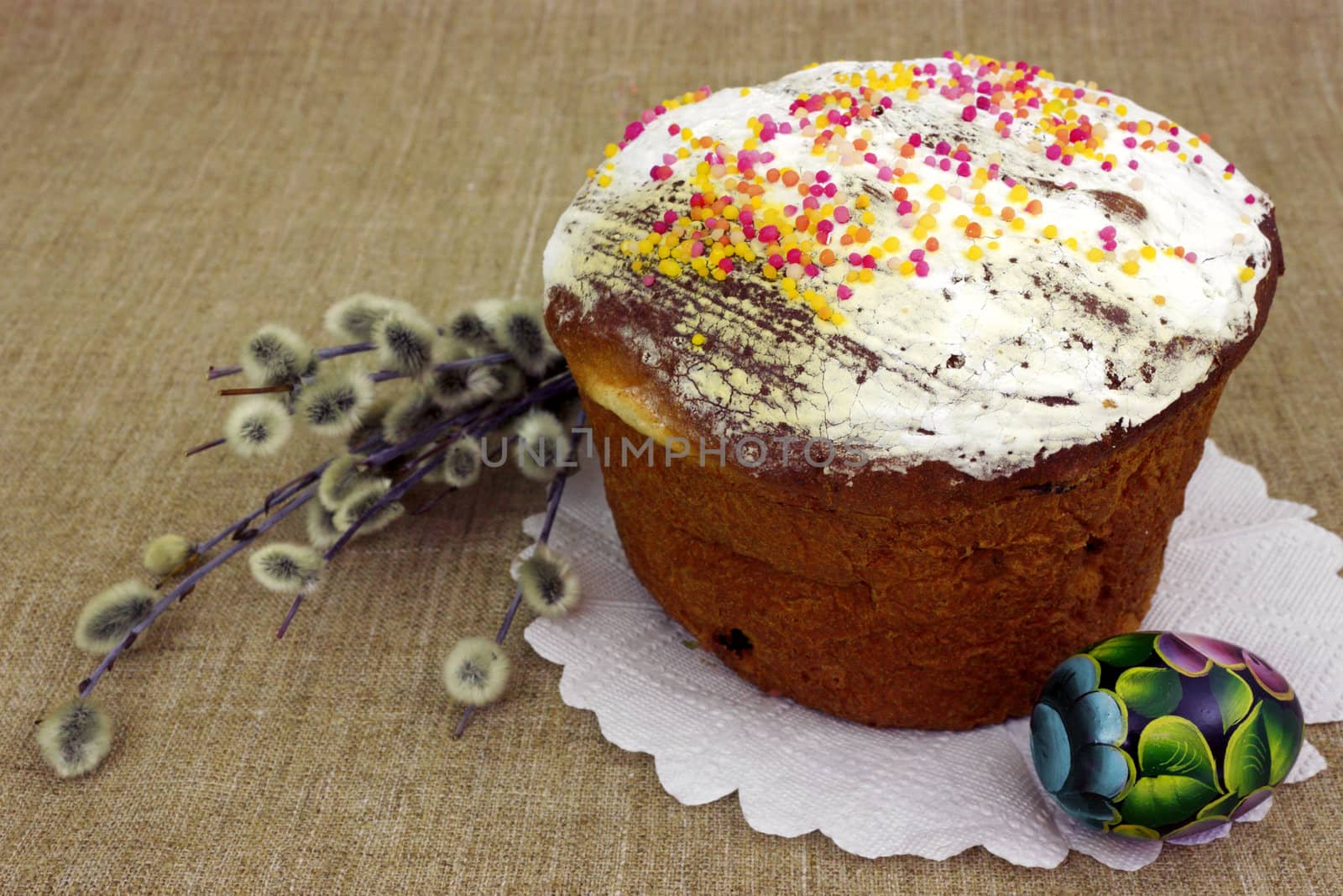 Easter still life. Celebratory sweet cake and egg