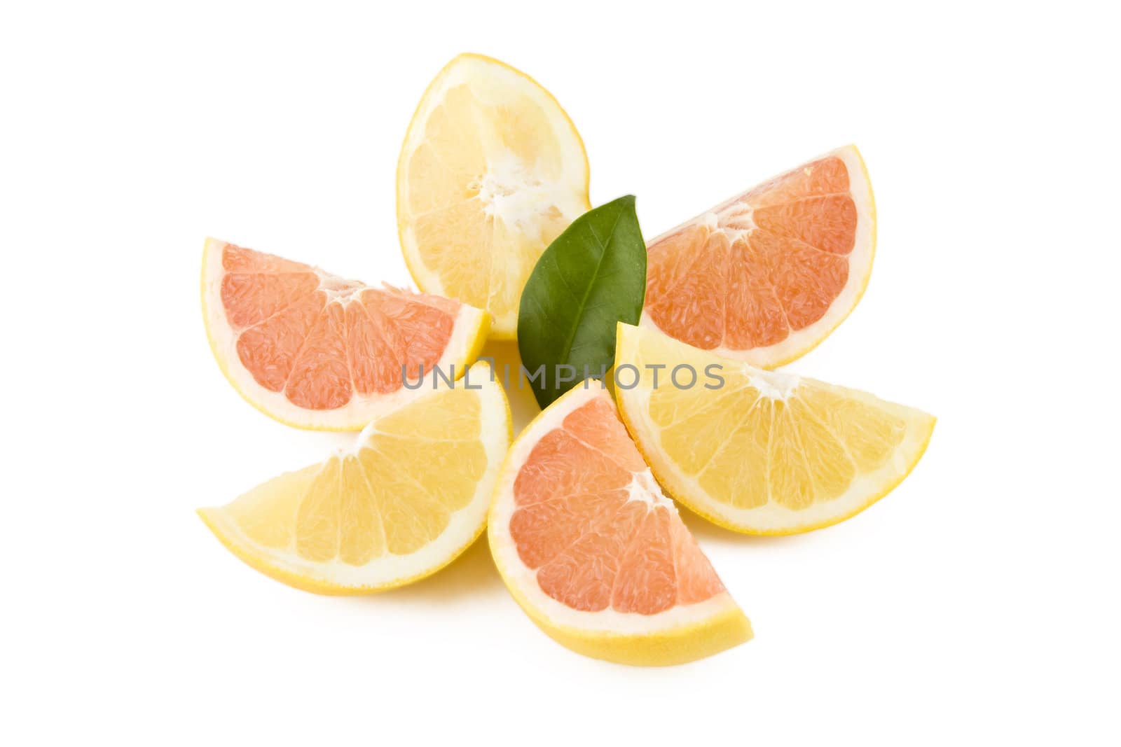 Juicy white and red grapefruits parts isolated on white background