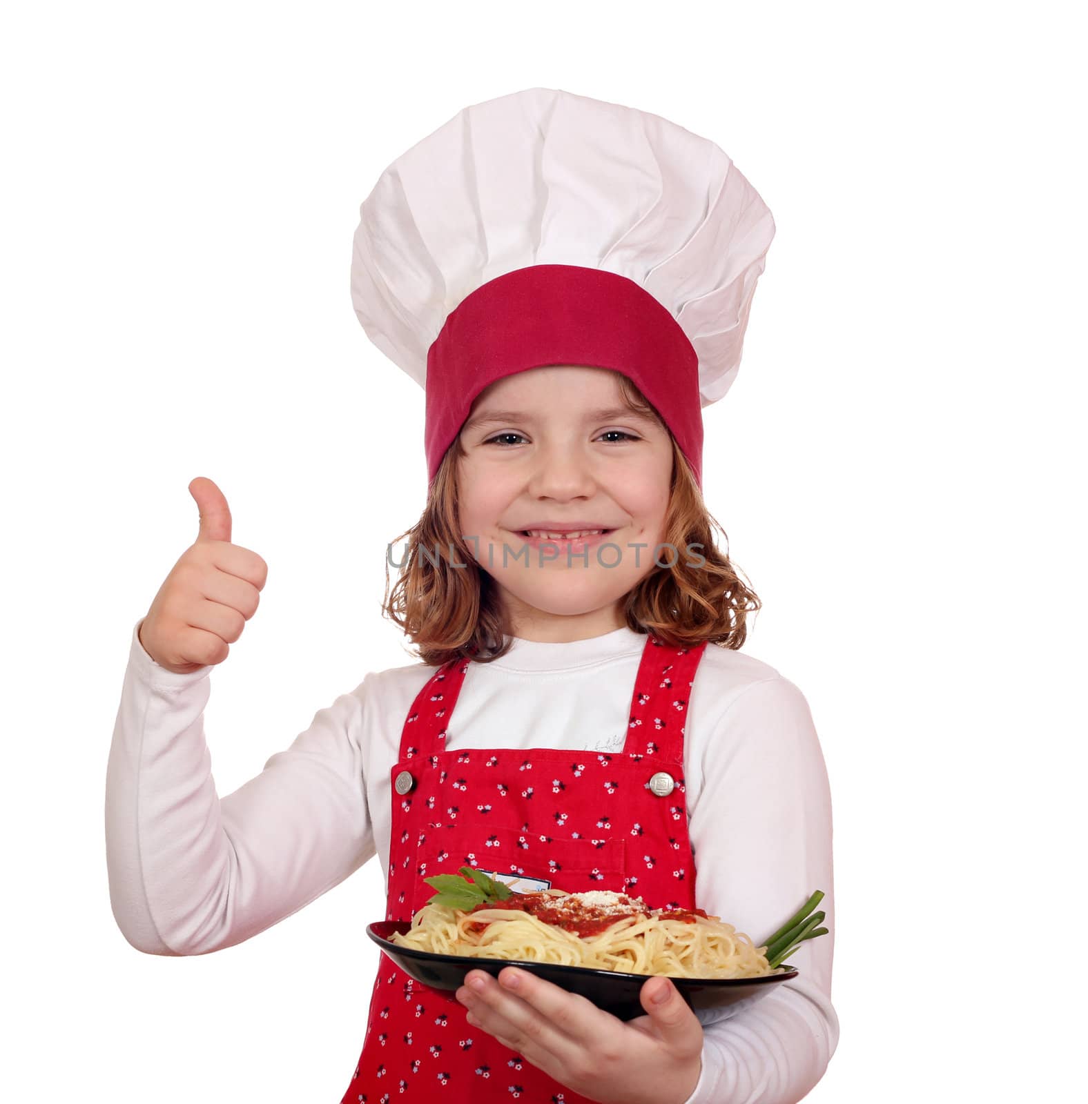 happy little girl cook with spaghetti and thumb up by goce