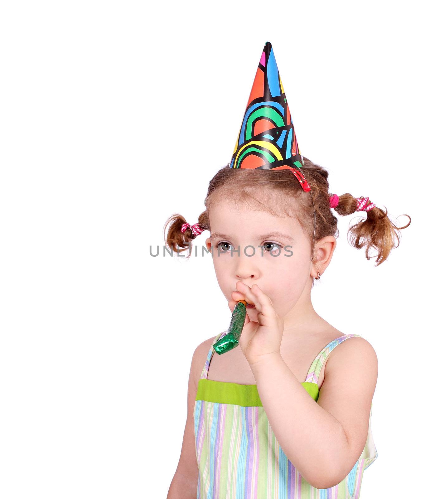 little girl with birthday hat and trumpet by goce