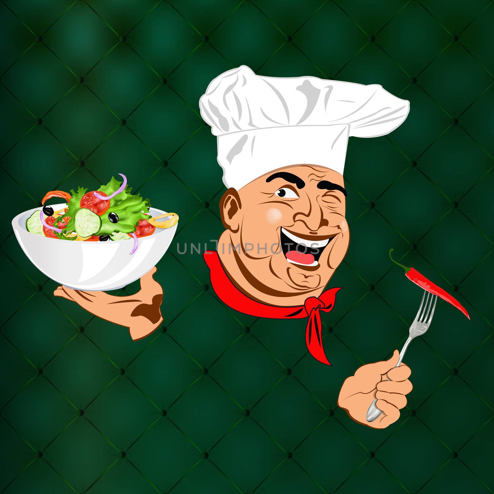 Funny Chef and best vegetarian vegetable fresh salad.Vector
