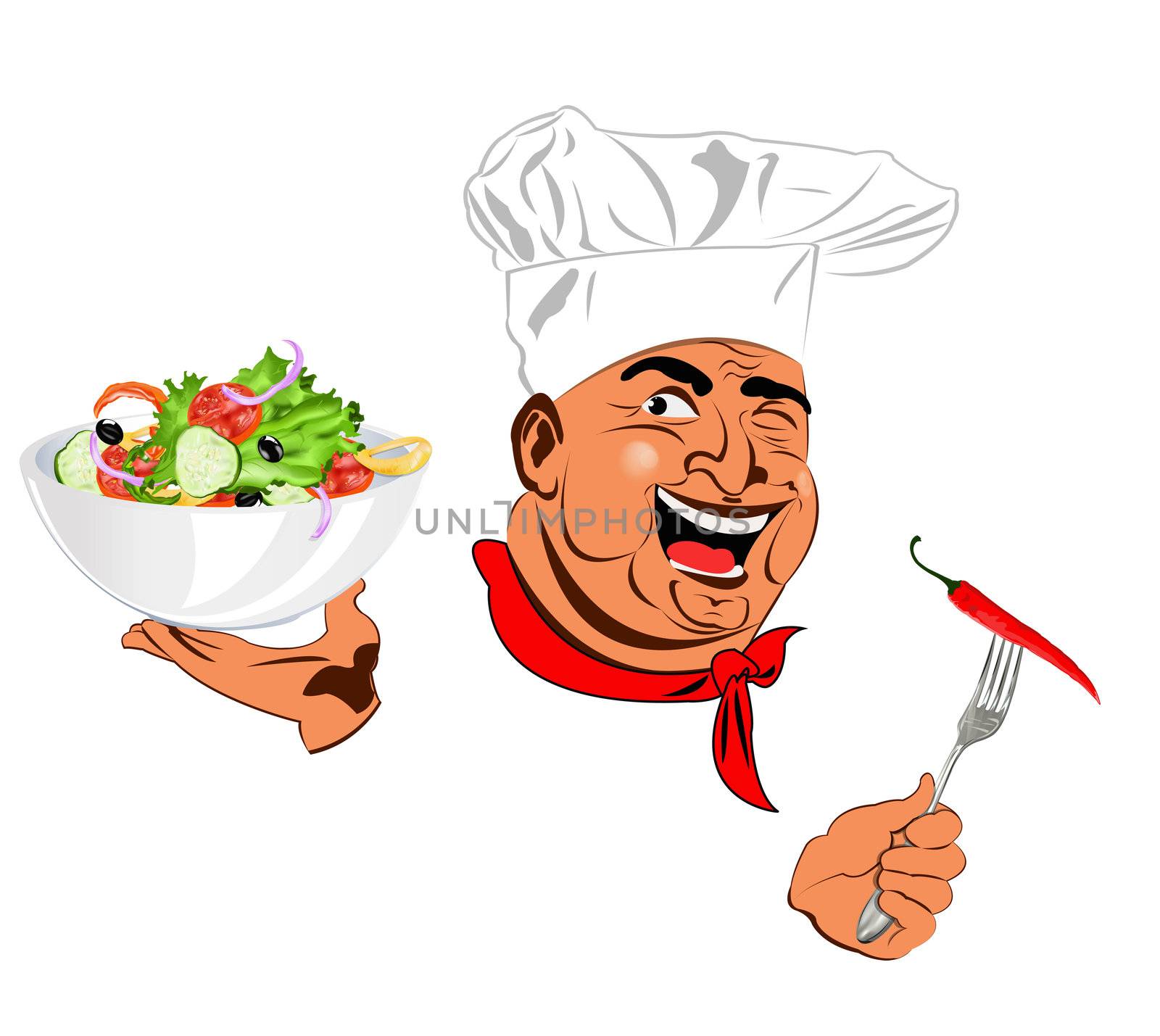 Funny Chef and best vegetarian vegetable fresh salad.Vector