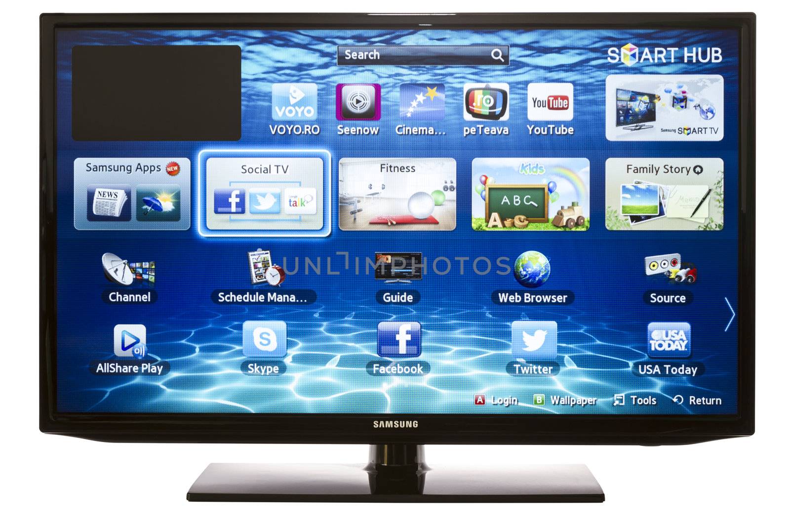 Galati, Romania - January 16, 2013: Smart TV with Samsung Apps and Web Browser. Experience the next generation of our groundbreaking Smart TVs, with full web browsers, all-new content services and much more