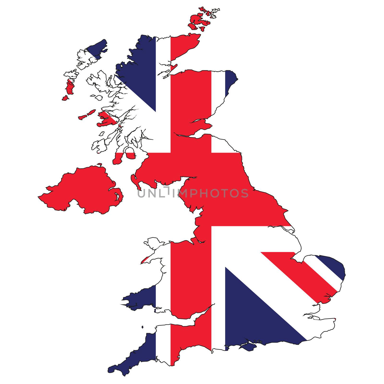 Country outline with the flag of the UK by DragonEyeMedia